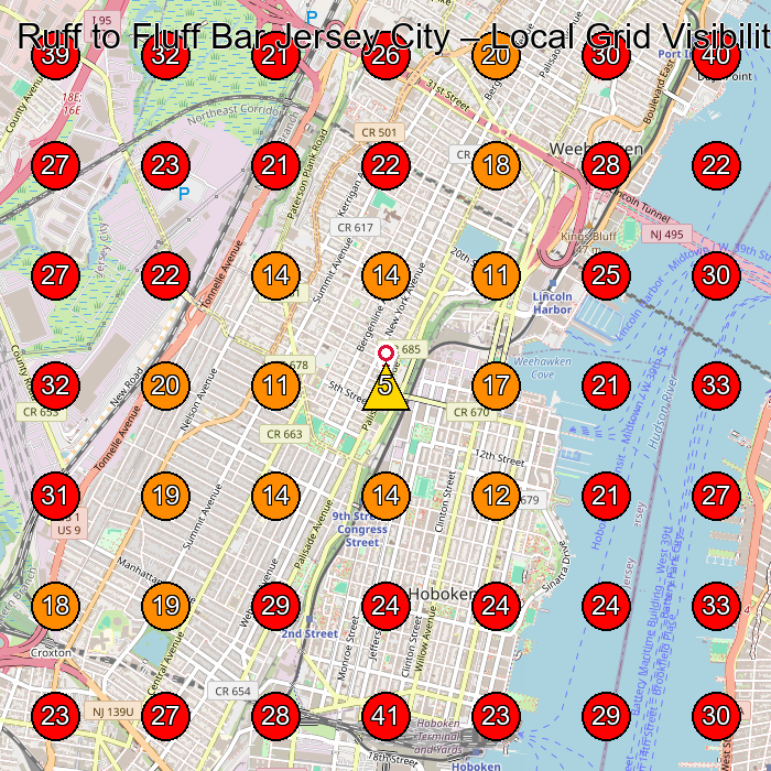 Ruff to Fluff Bar Jersey City GeoGrid visibility map for Pet Groomer in Hoboken